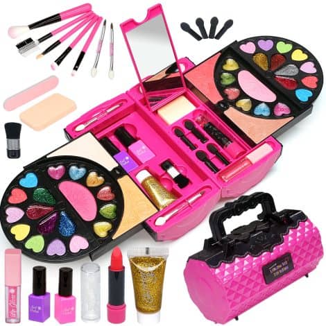 Kit de maquillaje infantil con 59 piezas seguras, no tóxicas y hipoalergénicas para regalos de cumpleaños y Navidad. Apto a partir de los 3 años.