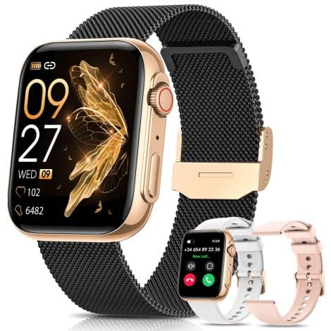 Reloj inteligente DekeFit para mujer con llamada Bluetooth, pantalla AMOLED de 1.85″, sumergible IP68, múltiples correas y modos deportivos. Seguimiento de periodo, pulsómetro SpO2. Regalo para iOS y Android. Disponible en negro y oro.