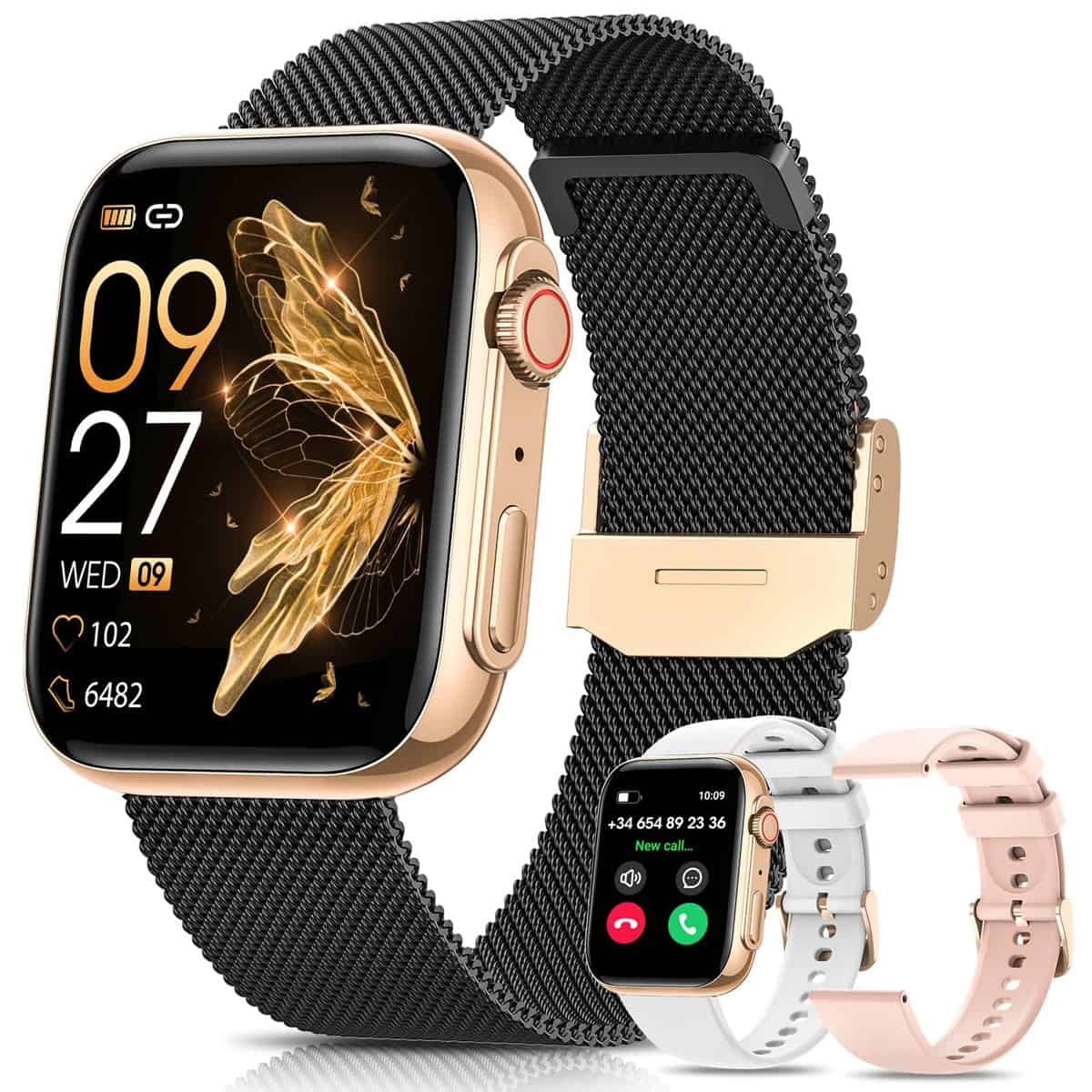 DekeFit Reloj Inteligente Mujer con Llamada Bluetooth, 1.85 AMOLED Smartwatch Mujer IP68 con 3 Correas 120+ Modos Deportivos Seguimiento del Periodo Pulsómetro SpO2,Regalo Mujer para iOS Android Negro Oro