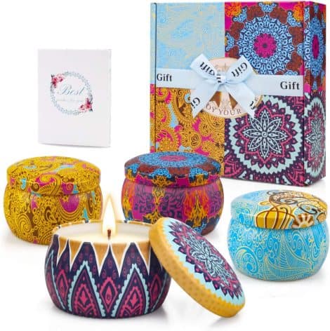 Velas perfumadas Amorxiao para interiores, 4 latas, 4,4 oz cera de soja. Duración 30h. Ideal para regalos.