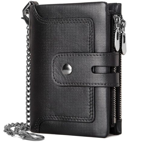 Cartera de hombre de cuero auténtico con cadena, protección RIFD, 15 ranuras para tarjetas y cremallera, con caja de regalo. (A-Negro)