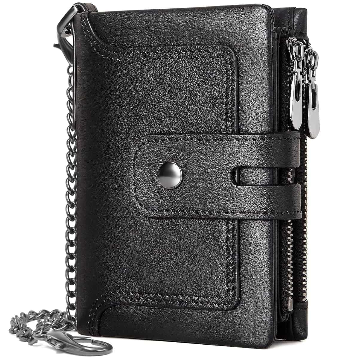 Carteras para Hombre Cuero Autentico Cartera Hombre RIFD Protección Billeteras Hombre con Cadena, Pequeño Monedero de Bolsillo con 15 Ranuras para Tarjetas y Cremallera, con Caja de Regalo (A-Negro)