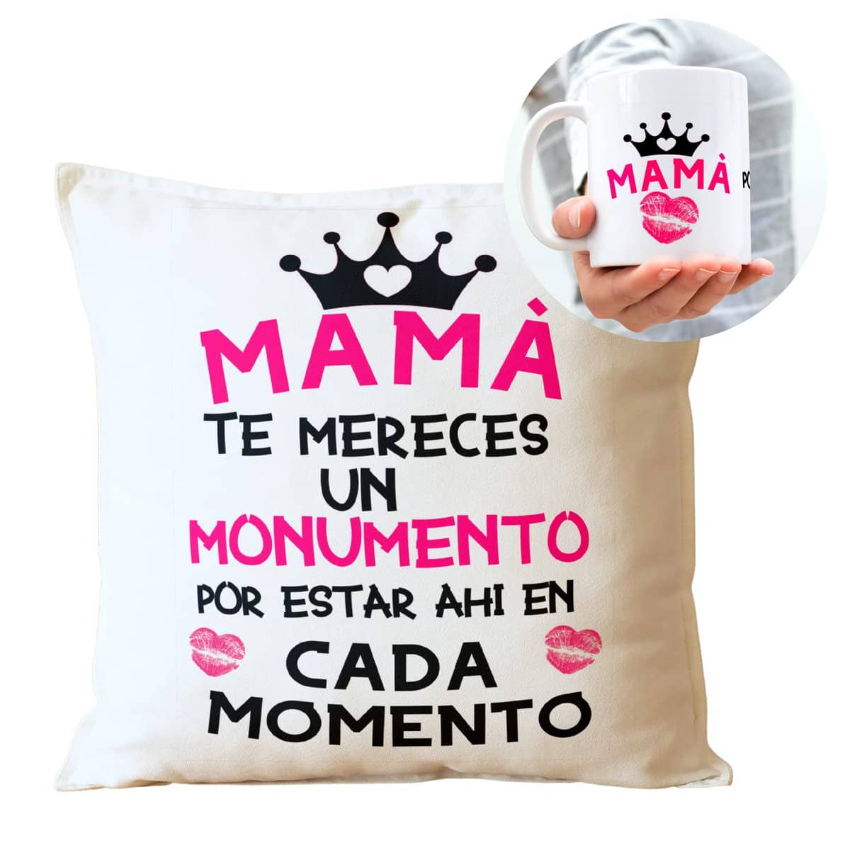 Regalo CUMPLEAÑOS MAMÁ Cojín Original 35 x 35 cm + Taza 350 ml Incluye Relleno Regalo para EL Dia DE Las Madres Desayuno Original Dia De La Madre (COJIN +Taza Mama TE MERECES)