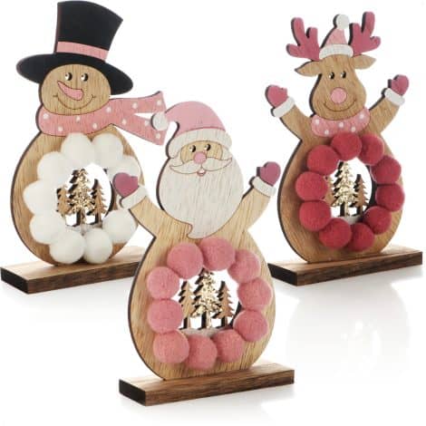 Juego de 3 soportes de madera navideños – Reno, Papá Noel y muñeco de nieve de pie – Figuras decorativas de madera (trío – rosa claro/blanco/rosa)