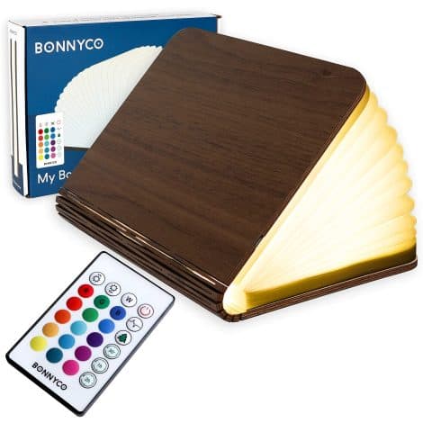 Lámpara de libro plegable de madera con mando, 16 colores y temporizador – BONNYCO | Ideal para decorar la casa y habitación | Regalo original para cumpleaños, Navidad y amigo invisible.