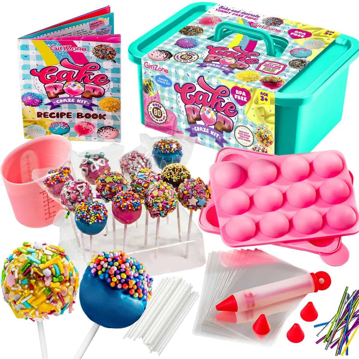 GirlZone Kit para Hacer Cake Pops Craze para Niñ@s Set de 80 Divertidas Piezas para Hornear con Deliciosas Recetas y Muchos Accesorios Regalos Cumpleaños Navidad Ideal para Niños