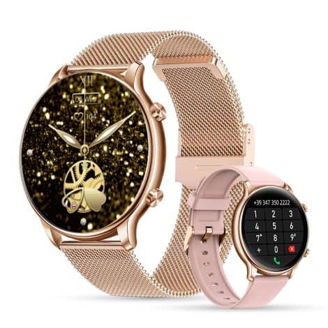 Reloj Inteligente LUNIQUESHOP LSWATCH para Mujer con Llamada,1,43 “, 2 Pulseras, Presión Arterial, SpO2, Frecuencia Cardíaca, Rosa Oro.