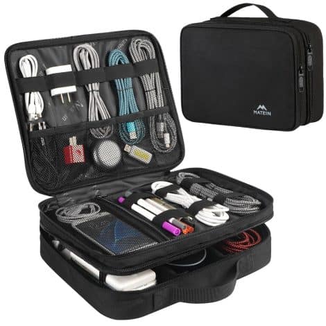 Organizador de Cables de Viaje MATEIN, Bolsa impermeable de gran capacidad para cables y cargadores, color negro.