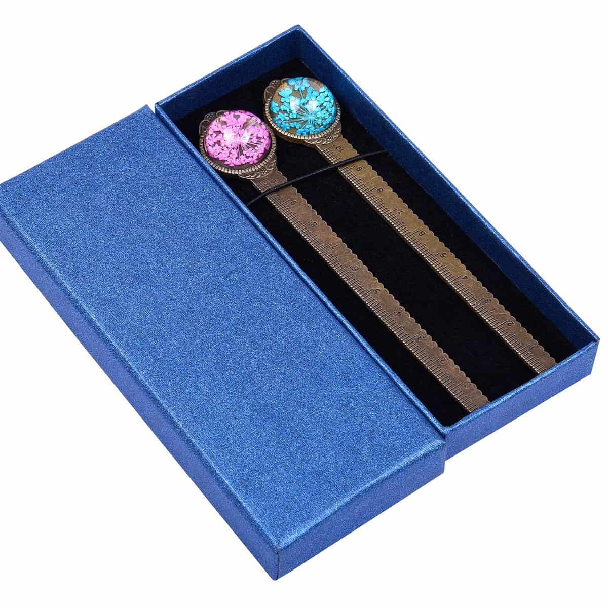 Wisdompro 2 reglas de metal para marcapáginas con flores secas, estilo retro, vintage, en caja de regalo, un regalo ideal para mujeres, mamá, adolescentes, amantes del libro, azul y rosa fuerte