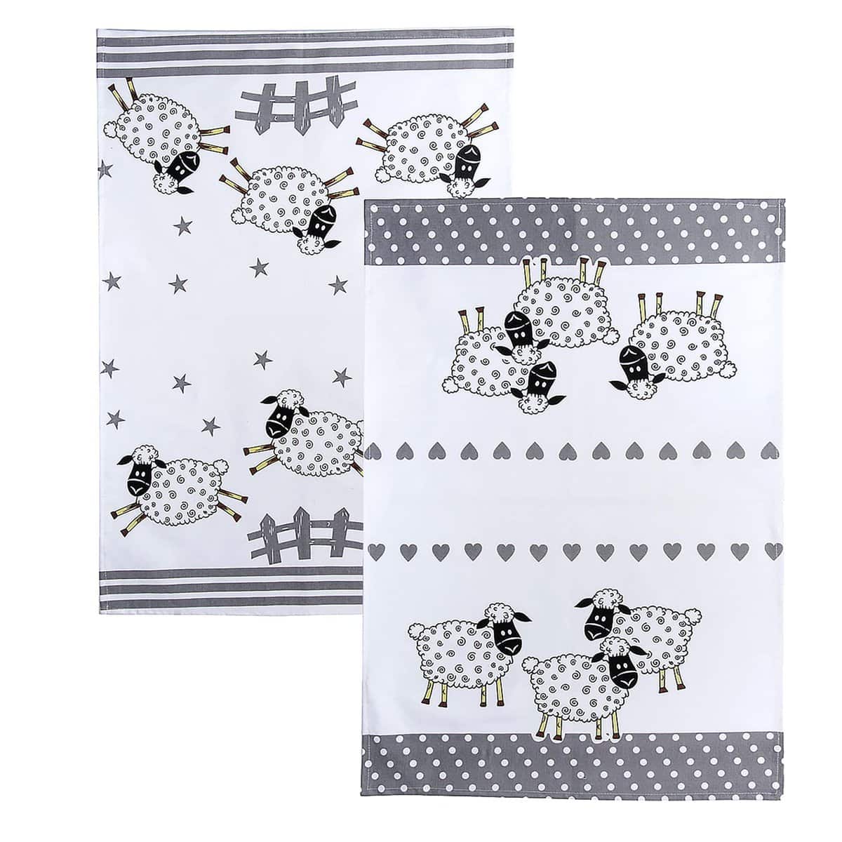 SPOTTED DOG GIFT COMPANY Paños de Cocina 100% Algodón 70cmx50cm, Juego de 2 Trapos de Cocina Blanco y Negro con Oveja, Regalos Originales para los Amantes de Las Animales