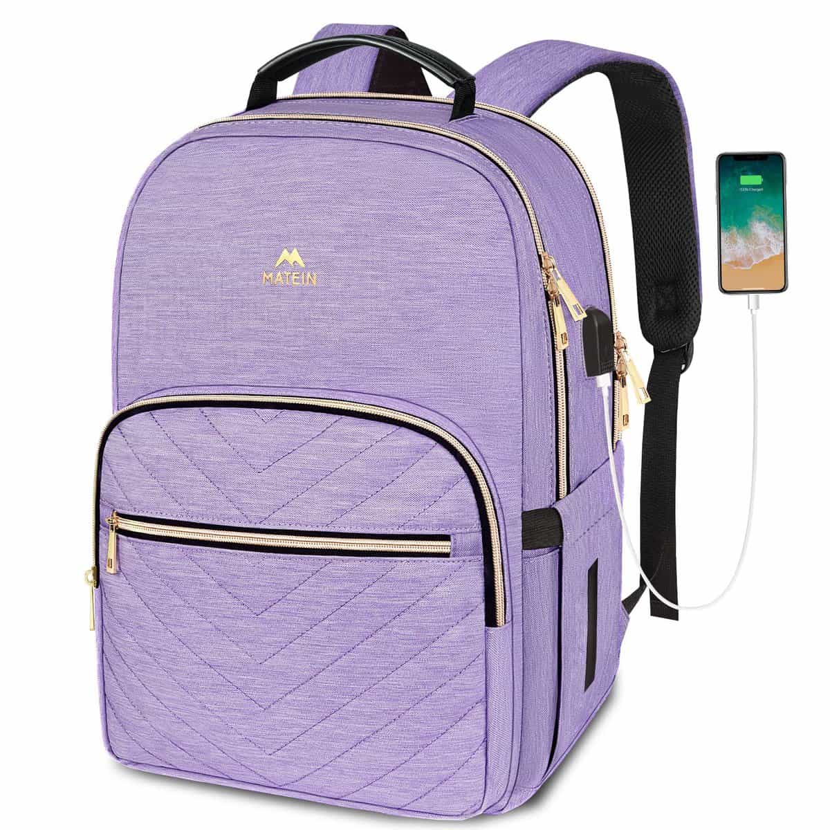 MATEIN Mochila Mujer, 15.6 Pulgadas Escolares Grande Trabajo Viaje Mochila Impermeable Elegante Niña Portátil Mochilas con Puerto USB, Regalos para Hermana, Hija, Mujer-Púrpura