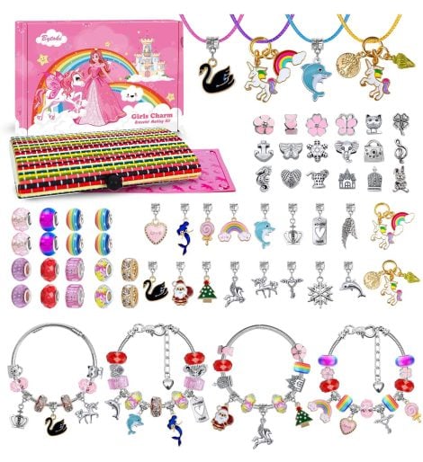 Kit de manualidades para niñas de 4 a 10 años, incluye abalorios y juegos para crear pulseras y joyas.