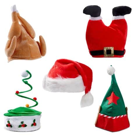 Pack de 5 Gorros de Navidad divertidos y novedosos para disfraces y fiestas navideñas, con diseños para niños y adultos.