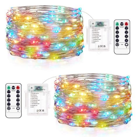 Guirnalda de luces LED a pilas, 2 unidades de 12 metros, 120 luces, 8 modos, temporizador y control remoto. Ideal para decoración navideña. (Colorido)