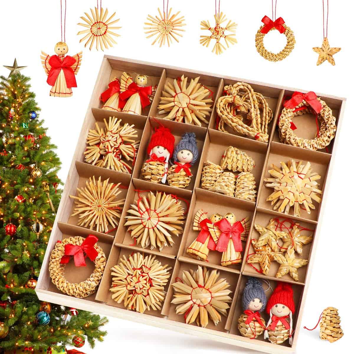 Adornos Arbol Navidad, 52pcs Decoracion Arbol Navidad Paja Personalizado, Adornos Navideños para Arbol Estrella Colgantes de Paja Ornamentales de Navidad