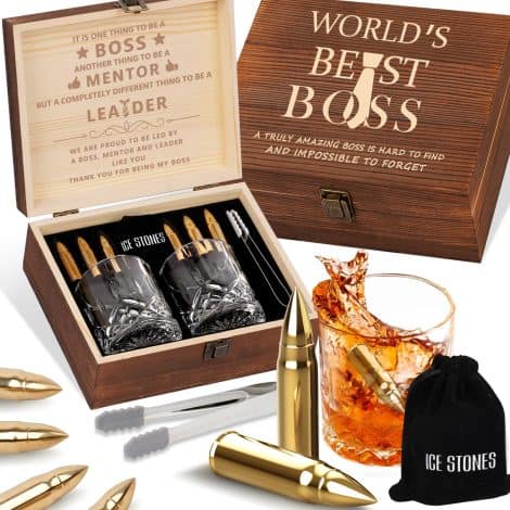 Juego de vasos de whisky con el jefe ideal para hombres, perfecto para regalos navideños a líderes, colegas y mentores.