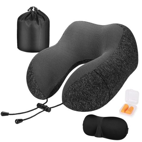 Almohada de Viaje Cervical con Cojín para Avión y Coche, Viscoelástica, Accesorios de Viaje incluidos.