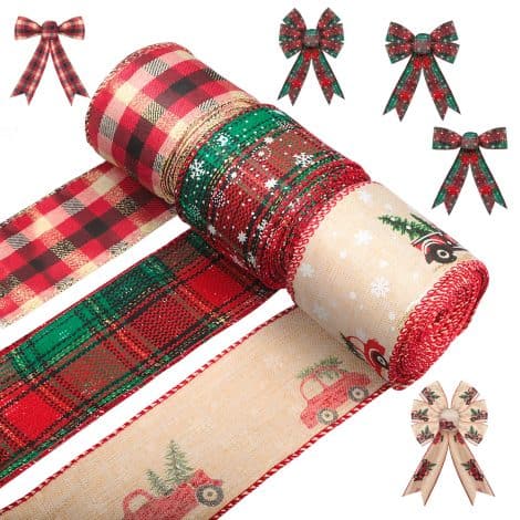 Cinta de Navidad con cable, 3 rollos de cinta de arpillera a cuadros de búfalo rojo con alambre. Ideal para envolver regalos, árbol de Navidad, manualidades y decoración.