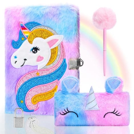 Diario Secreto de Niña con Candado, Juego de Diario de Unicornio de Felpa Completo con Cuaderno A5, Estuche y Bolígrafos de Colores. Regalos para Niñas de 5 a 9 años, en color Púrpura.