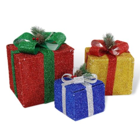 Conjunto de 3 cajas de regalo con luces LED, ideales para decorar árbol navideño y hogar.