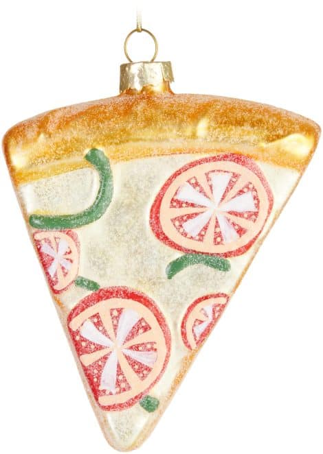 Adorno Navideño de Vidrio con forma de Pizza pintado a mano y soplado a boca. Divertida decoración colgante para el árbol de Navidad.