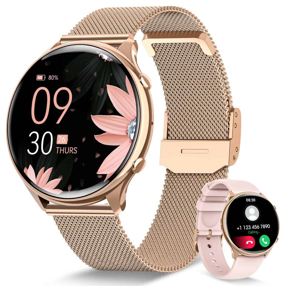 RUXINGX Reloj Inteligente Mujer con Llamada 5.3, Smartwatch Mujer Seguimiento del Periodo, 120+ Modos Deportes, Pulsómetro, SpO2, Monitor Sueño, Podómetro para Android iOS Oro, Regalo Mujer