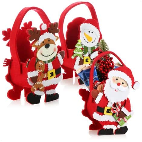 Set de 3 Bolsas navideñas de Fieltro – Cesta de Regalo para Navidad con Papá Noel y Abeto – 18cm.