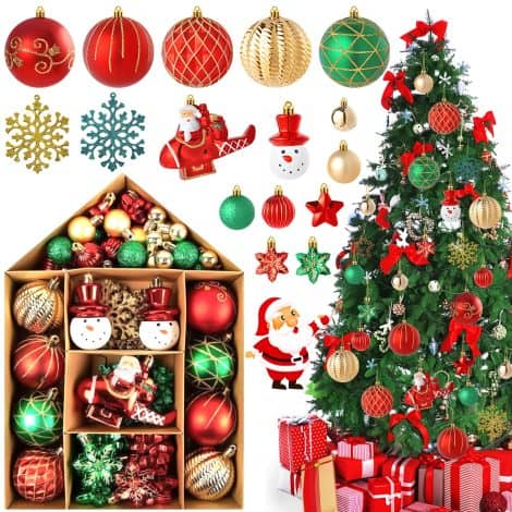 Conjunto de 70 bolas de Navidad en rojo y verde, de plástico, con adornos navideños, perfectas para decorar tu árbol. Ideal para regalar esta Navidad.