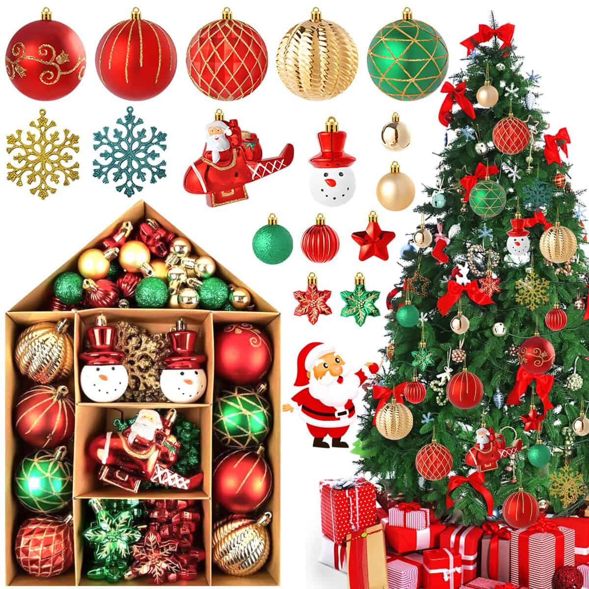 FAMKEEP Bolas de Navidad Juego 70 Piezas Rojo y Verde Bolas De Arbol De Navidad Plástico con Copa de árbol Adornos Bola de Navidad Navideños Decoraciones Regalos de Colgantes de Navidad Boda Fiesta