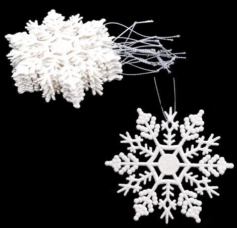 Lote de 12 Copos de Nieve Brillantes de 10cm – Adornos Colgantes – Decoración Navideña (Blanca)