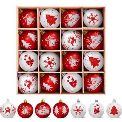 Conjunto de 16 bolas de Navidad de plástico de 6 cm con gancho en colores blanco y rojo de Arbolisse. Perfectas para decorar el árbol de Navidad y la casa. Con 7 modelos originales.