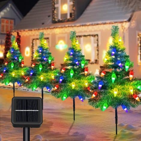 Árbol de Navidad Falso con Luces Solares, Set de 4 Árboles con Luces de Fresa, Luces Solares de Jardín con 80 LED C6, Luces para Exterior en Navidad y Fiestas.