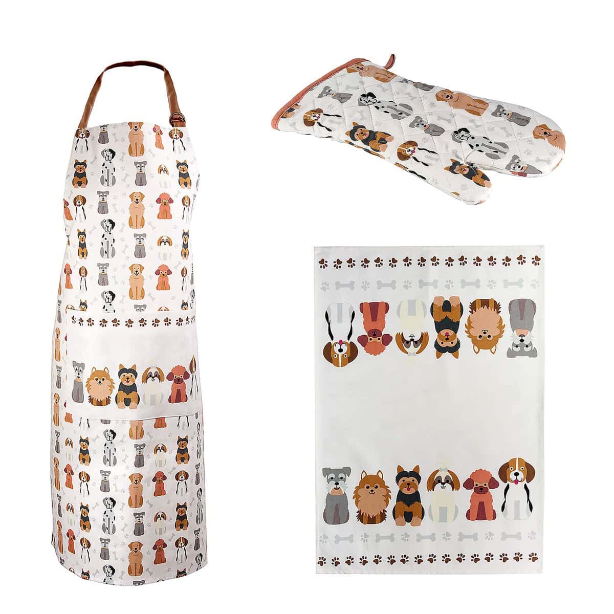 Juego 3 Paño de Cocina, Delantal y Manoplas Horno, Diseño con Schnauzer, Pomerania, Shih Tzu, Terrier, Beagle y Caniche Perros, Regalos para Mujer, Cocineros y Amantes de los Perro