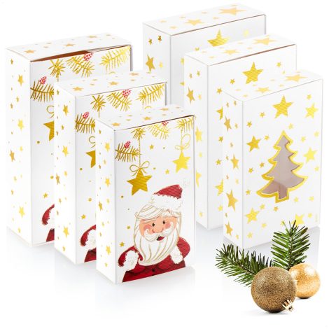 Pack de 6 Cajas de Regalo en 3 tamaños con motivos navideños – Caja Plegable de cartón Resistente (Estrellas/Abeto/Papá Noel)