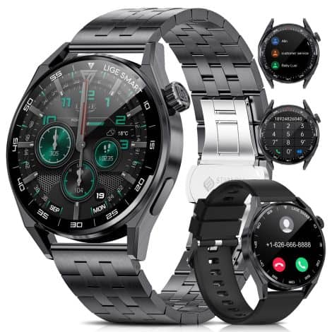 Reloj Inteligente LIGE para Hombre con 1.39” pantalla, Llamadas y Asistente de Voz, 2 Correas, 360Amh, Música, Pulsómetro, Deportes. Compatible con Android iOS.