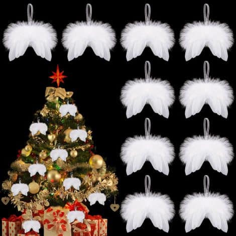 Alas de Ángel Blancas 10 Piezas, Adornos Plumas Navidad, Decoración Árbol Navideño, 8cm.