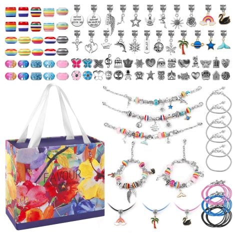 Juego de hacer pulseras para niñas con cuentas y caja de plata. Ideal regalo para cumpleaños o Navidad, de 5 a 14 años.