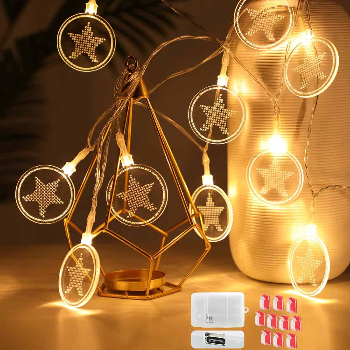 Aiohao Guirnalda Luces Pilas, 4.1M 15LED Pentagrama Cadena de Luces Interior con USB y con Pilas, Guirnaldas Luces Interior Habitacion Decoración para Navidad, Fiestas, Bodas, Patio, Jardín