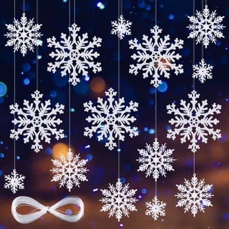 Adornos navideños Copos de Nieve MELLIEX, 24 piezas en blanco, perfectos para decorar árboles y fiestas.