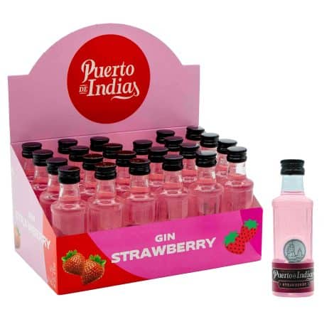 Puerto de Indias – Pack 24 miniaturas 5cl – Ginebra de Fresa Premium – Gin Premium de Fresa – 24 unidades x 5 cl – 37.5ºPuerto de Indias – Pack de 24 miniaturas de 5cl – Ginebra premium de fresa – Gin premium de fresa – 24 unidades de 5 cl – 37.5º