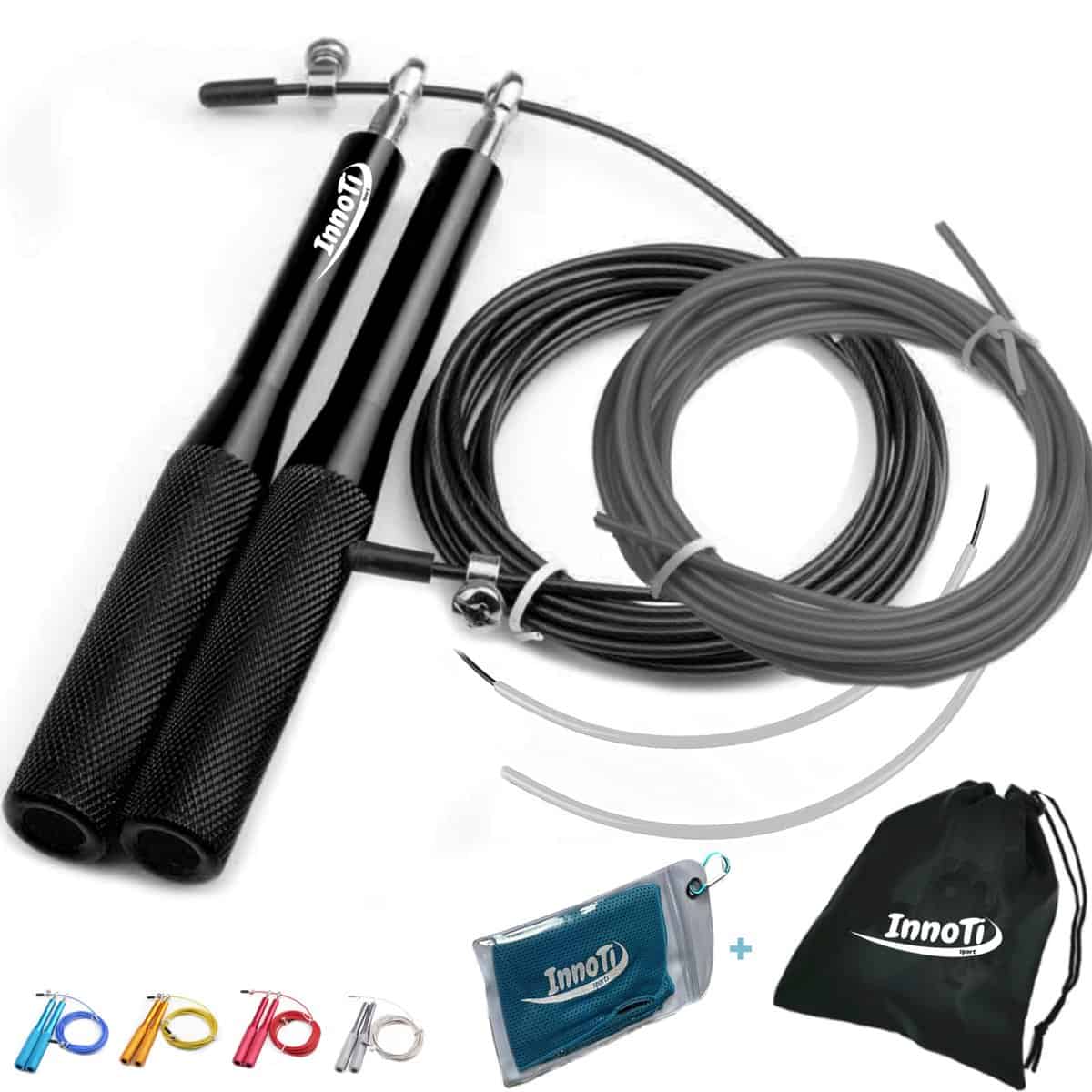 InnoTi Comba de Crossfit - Con y Sin Lastre - Cuerda de Saltar de Alta Velocidad para Boxeo y Fitness - Comba de Aluminio Ligera para Saltos Dobles - Ajustable - Cable de Repuesto