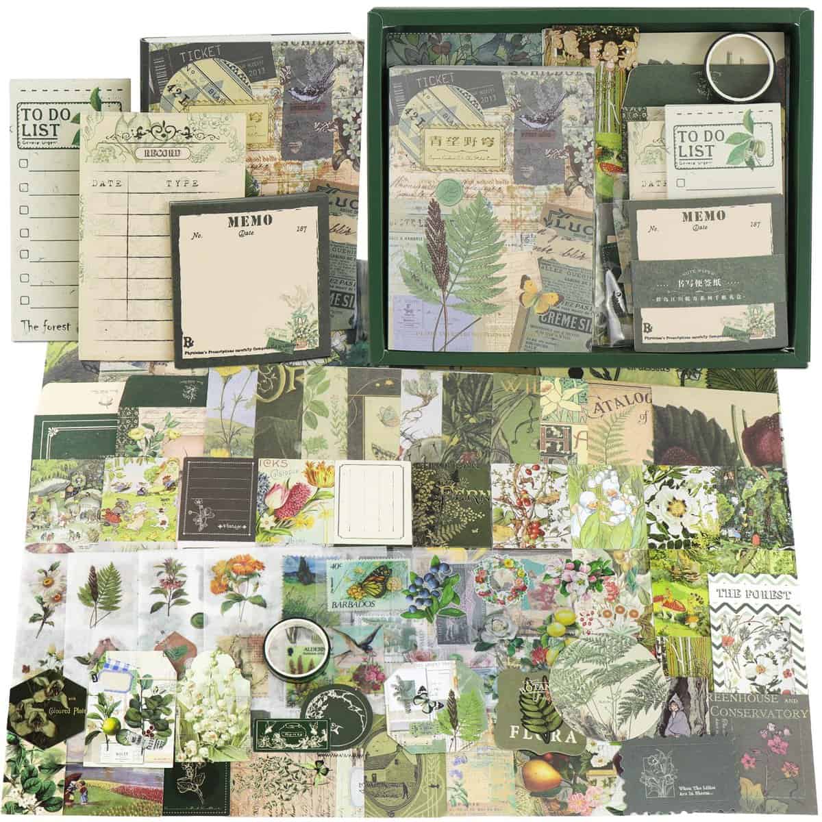 MEEJOY Vintage Scrapbook Accesorios Set 229 Piezas Retro Scrapbook Set Estética Bullet Journal Accesorios, Pegatinas Decoración de Papel con Cuaderno A6 Cuadrícula Cuaderno DIY Regalo para Niñas Mujer