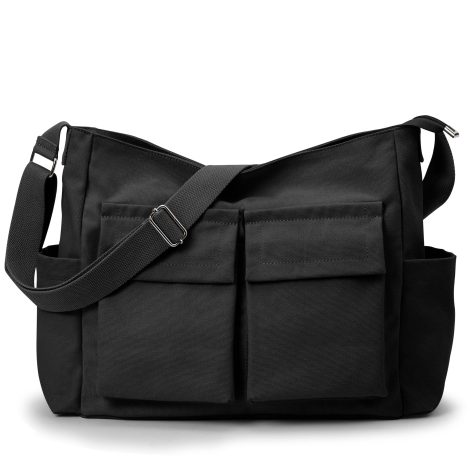 Bolso mensajero grande de lona, bolso de tela de lino y bolso cruzado hobo con múltiples bolsillos, ideal para trabajo y compras.