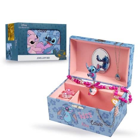 Joyero musical de Disney para niñas con los personajes Stitch y Angela.