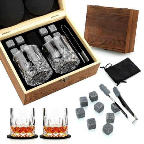 Set de 2 vasos de whisky con piedras de whisky en caja de madera, regalo ideal para hombres en cumpleaños, San Valentín y Día del Padre.