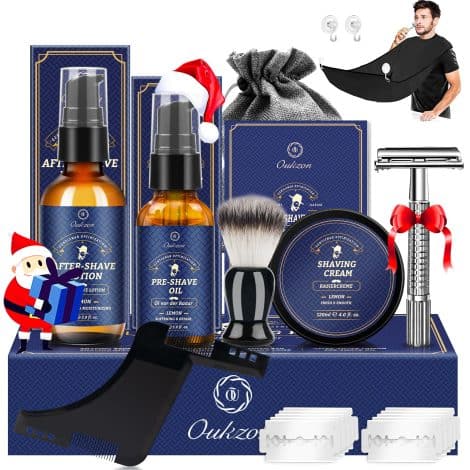 Conjunto de cuidado de la barba para hombres con aceite, crema, loción, cepillo, peine, babero, afeitadora clásica y hojas de regalo ideal para papá y novio.