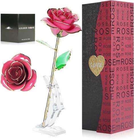 Rosa de Oro 24K, Rosa Eterna en Base Transparente, para ocasiones especiales como San Valentín, Día de la Madre, Aniversarios, Cumpleaños.