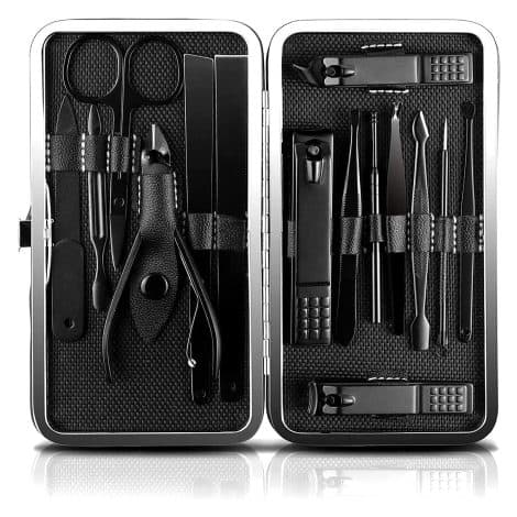 Kit de Manicura y Pedicura JamBer 15 en 1, de Acero Inoxidable, con Caja de Cuero. Incluye herramientas para cutículas, tijeras y cortaúñas. Negro.