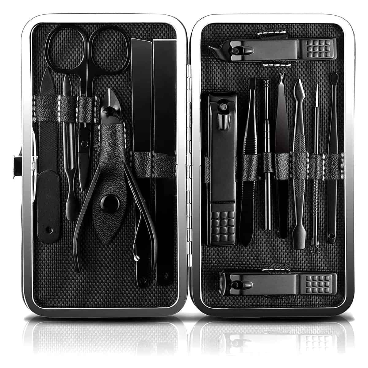 JamBer 15 en 1 Set de Manicura Pedicura, Profesional Acero Inoxidable Cortaúñas Kit con Caja de Cuero, Manicura Kit con Herramientas Remover Cutícula, Tijeras de Uñas, Negro