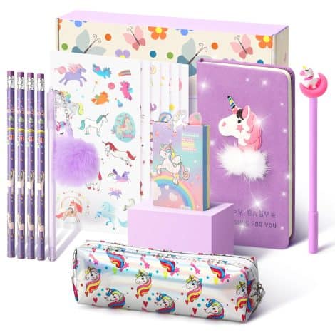 Kit de regalo de Unicornios para niñas de 5 a 12 años, incluye estuche escolar, diario secreto, pegatinas, papelería y juguetes. En color morado.